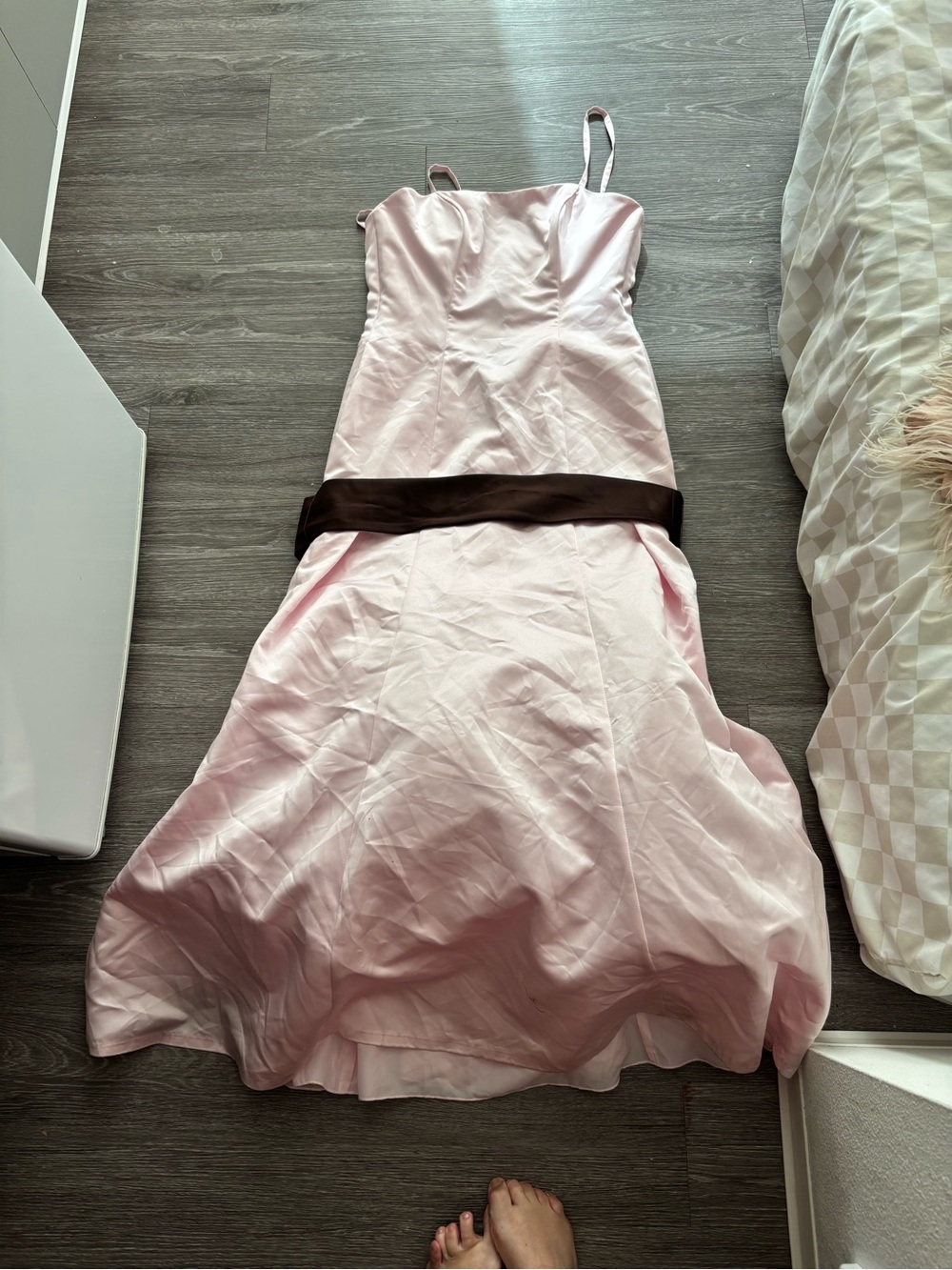 Women's Light Pink Satin A-Line Dress with Dark Brown Sash